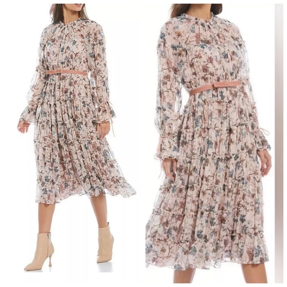 NWT Nicola Bathie/Antonio Melani Claire Floral Chiffon Tiered Ruffle Midi Dress.